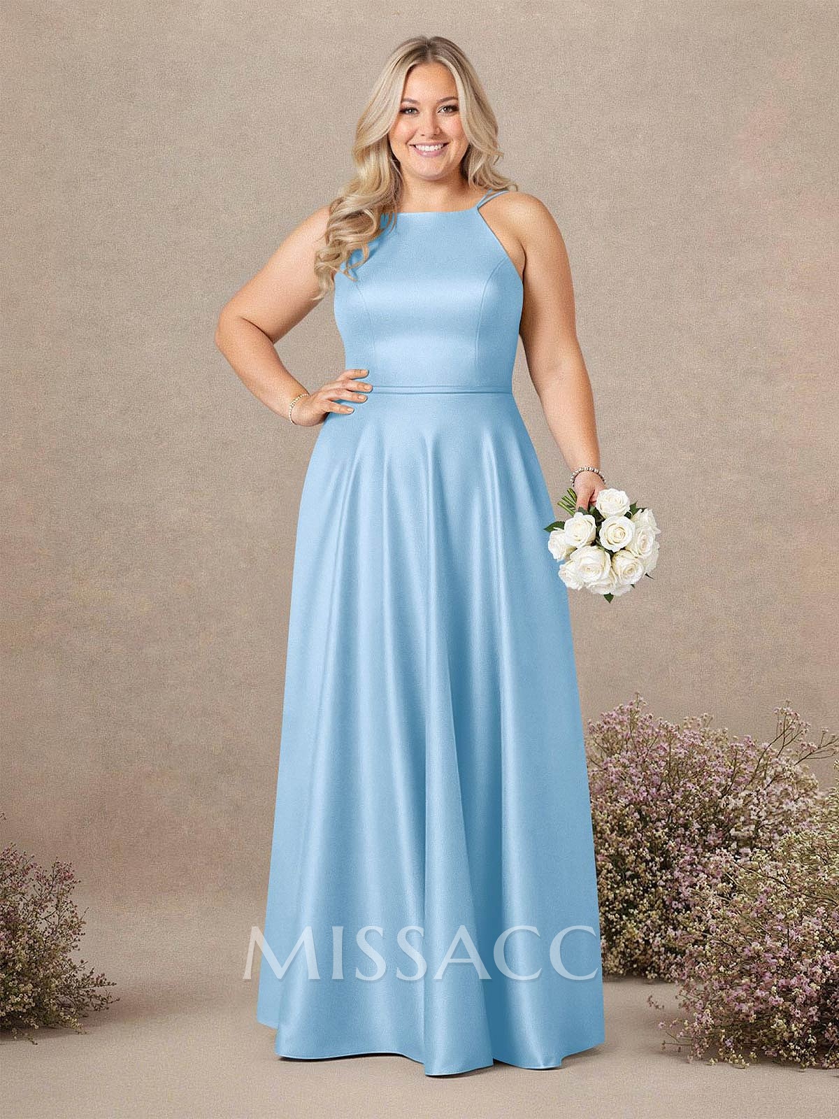 Classic Scoop Neck A-Line Floor-Length Satin Bridesmaid Dresses