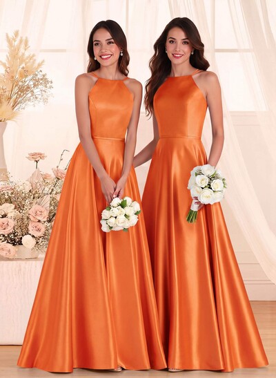 Classic Scoop Neck A-Line Floor-Length Satin Bridesmaid Dresses