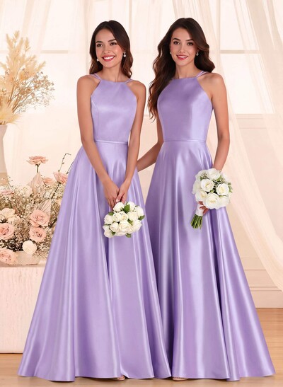 Classic Scoop Neck A-Line Floor-Length Satin Bridesmaid Dresses