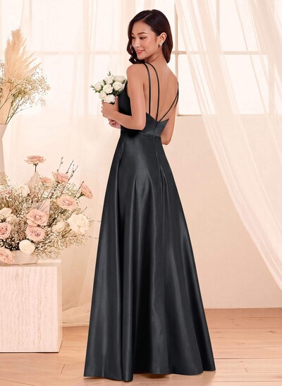 Classic Scoop Neck A-Line Floor-Length Satin Bridesmaid Dresses
