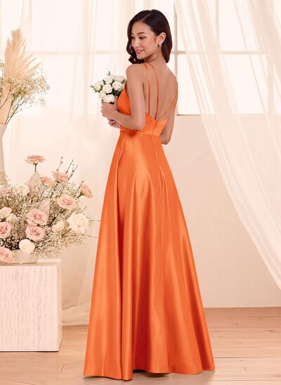 Classic Scoop Neck A-Line Floor-Length Satin Bridesmaid Dresses