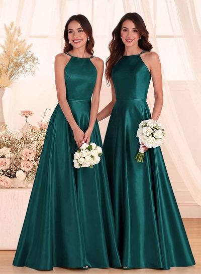 Classic Scoop Neck A-Line Floor-Length Satin Bridesmaid Dresses
