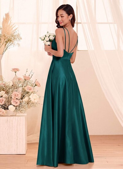 Classic Scoop Neck A-Line Floor-Length Satin Bridesmaid Dresses