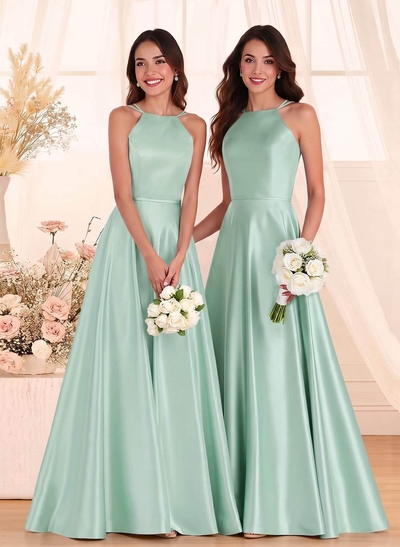 Classic Scoop Neck A-Line Floor-Length Satin Bridesmaid Dresses