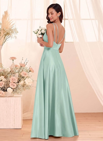 Classic Scoop Neck A-Line Floor-Length Satin Bridesmaid Dresses