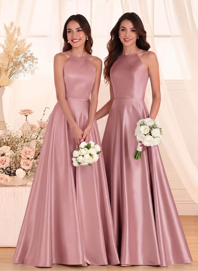 Classic Scoop Neck A-Line Floor-Length Satin Bridesmaid Dresses