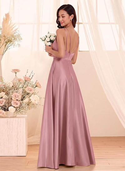 Classic Scoop Neck A-Line Floor-Length Satin Bridesmaid Dresses