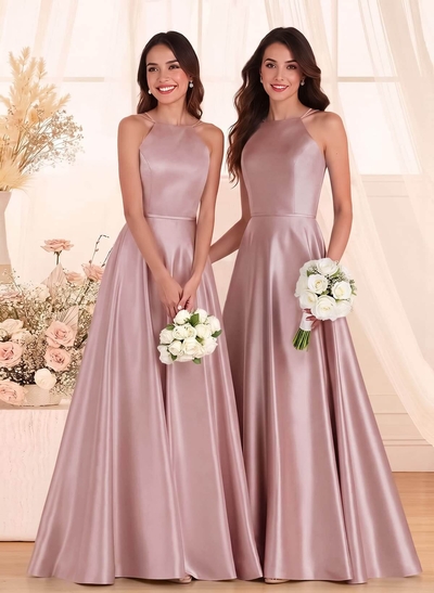 Classic Scoop Neck A-Line Floor-Length Satin Bridesmaid Dresses