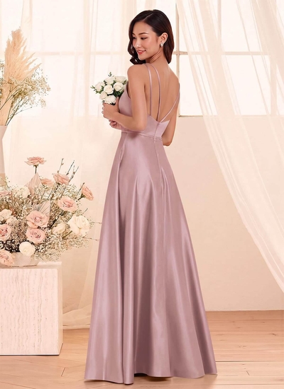 Classic Scoop Neck A-Line Floor-Length Satin Bridesmaid Dresses