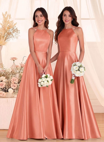 Classic Scoop Neck A-Line Floor-Length Satin Bridesmaid Dresses