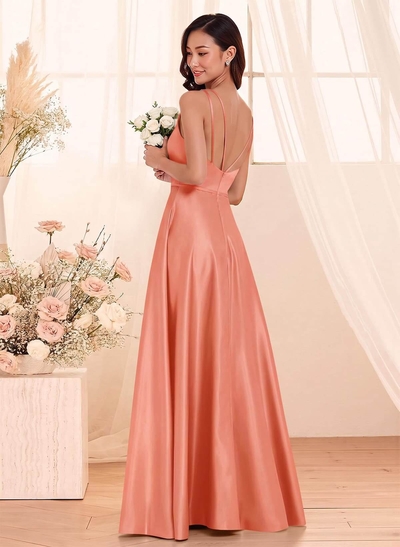 Classic Scoop Neck A-Line Floor-Length Satin Bridesmaid Dresses
