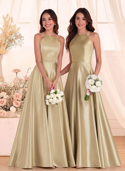 Classic Scoop Neck A-Line Floor-Length Satin Bridesmaid Dresses