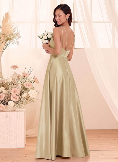 Classic Scoop Neck A-Line Floor-Length Satin Bridesmaid Dresses