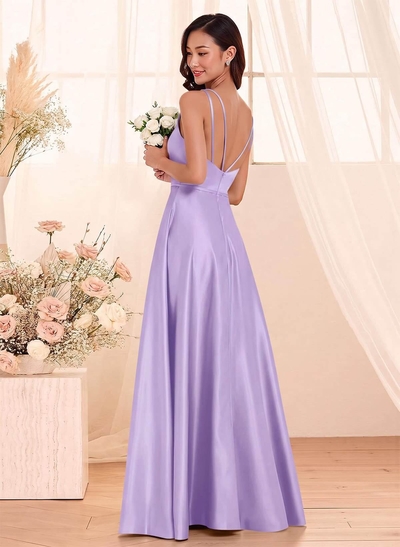 Classic Scoop Neck A-Line Floor-Length Satin Bridesmaid Dresses