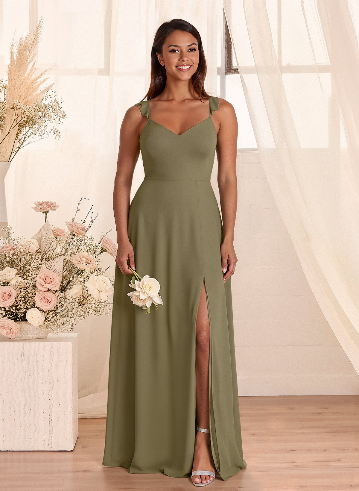 Simple V-Neck A-Line Floor-Length Chiffon Bridesmaid Dresses With Bow(s)