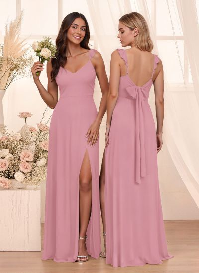 Simple V-Neck A-Line Floor-Length Chiffon Bridesmaid Dresses With Bow(s)