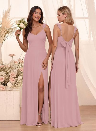 Simple V-Neck A-Line Floor-Length Chiffon Bridesmaid Dresses With Bow(s)