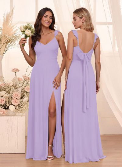 Simple V-Neck A-Line Floor-Length Chiffon Bridesmaid Dresses With Bow(s)