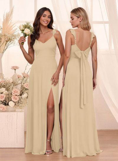 Simple V-Neck A-Line Floor-Length Chiffon Bridesmaid Dresses With Bow(s)
