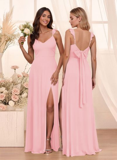 Simple V-Neck A-Line Floor-Length Chiffon Bridesmaid Dresses With Bow(s)