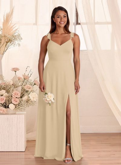Simple V-Neck A-Line Floor-Length Chiffon Bridesmaid Dresses With Bow(s)