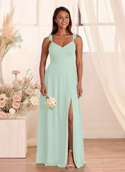 Simple V-Neck A-Line Floor-Length Chiffon Bridesmaid Dresses With Bow(s)
