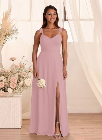 Simple V-Neck A-Line Floor-Length Chiffon Bridesmaid Dresses With Bow(s)