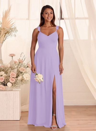 Simple V-Neck A-Line Floor-Length Chiffon Bridesmaid Dresses With Bow(s)