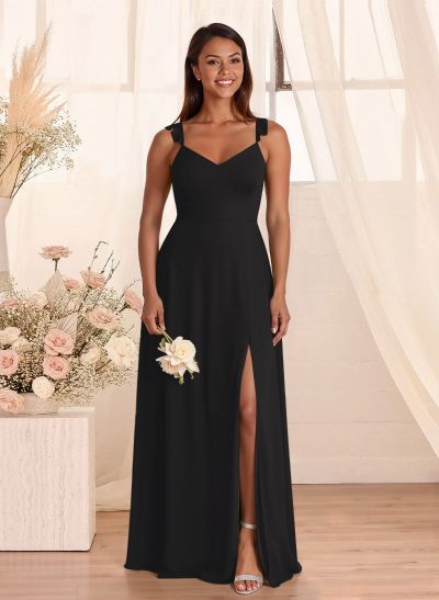 Simple V-Neck A-Line Floor-Length Chiffon Bridesmaid Dresses With Bow(s)