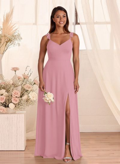 Simple V-Neck A-Line Floor-Length Chiffon Bridesmaid Dresses With Bow(s)