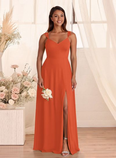 Simple V-Neck A-Line Floor-Length Chiffon Bridesmaid Dresses With Bow(s)