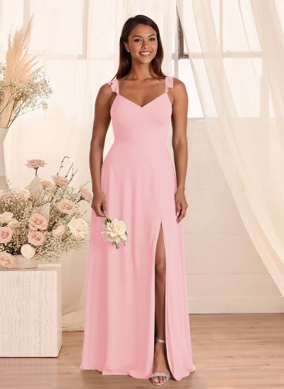 Simple V-Neck A-Line Floor-Length Chiffon Bridesmaid Dresses With Bow(s)