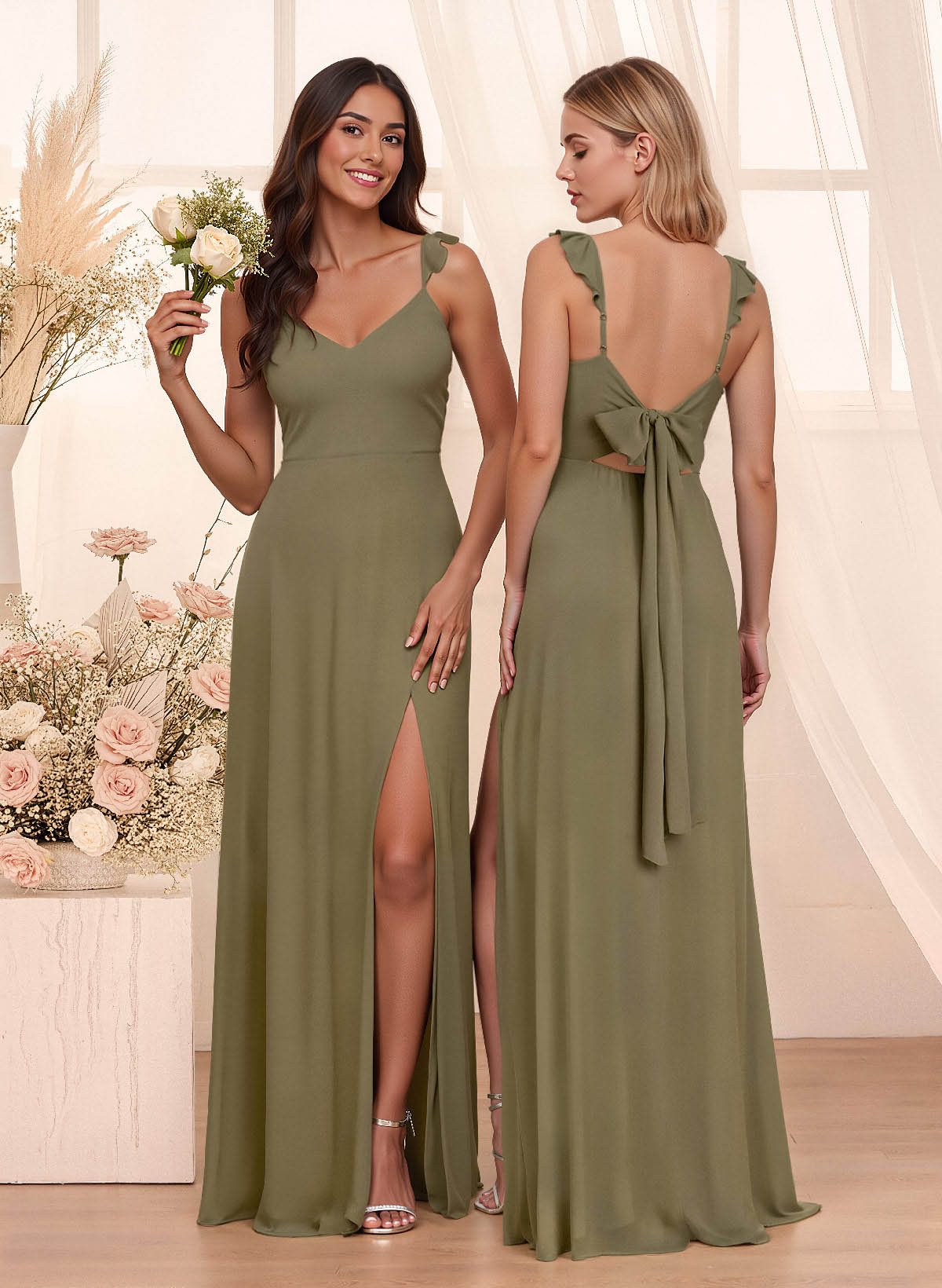 Simple V-Neck A-Line Floor-Length Chiffon Bridesmaid Dresses With Bow(s)