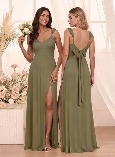 Simple V-Neck A-Line Floor-Length Chiffon Bridesmaid Dresses With Bow(s)