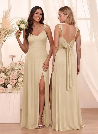 Simple V-Neck A-Line Floor-Length Chiffon Bridesmaid Dresses With Bow(s)