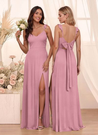 Simple V-Neck A-Line Floor-Length Chiffon Bridesmaid Dresses With Bow(s)