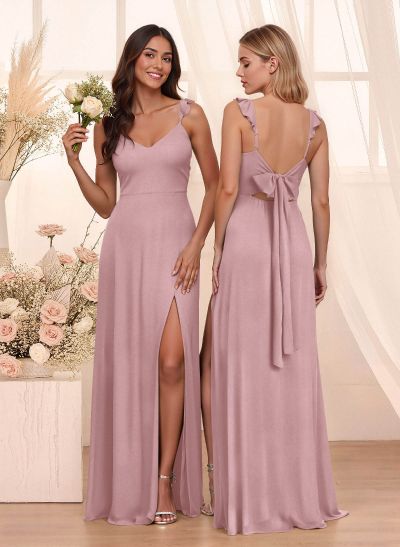 Simple V-Neck A-Line Floor-Length Chiffon Bridesmaid Dresses With Bow(s)