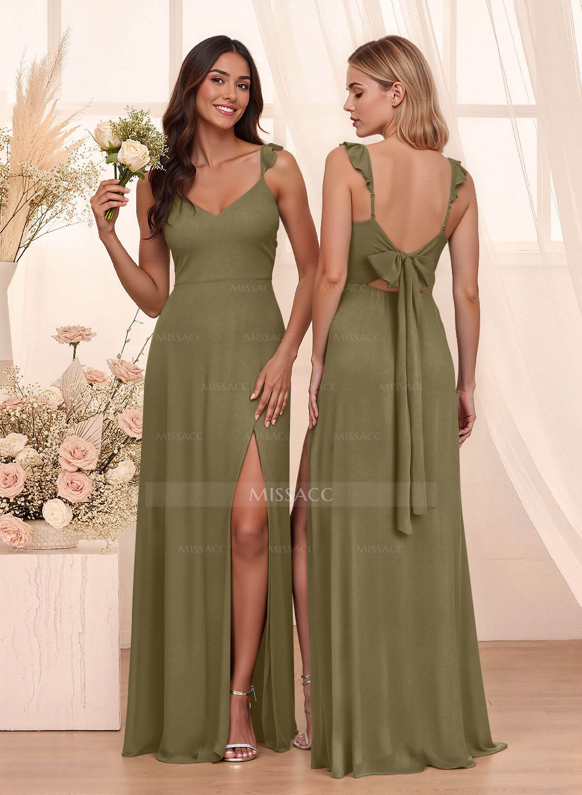 Simple V-Neck A-Line Floor-Length Chiffon Bridesmaid Dresses With Bow(s)