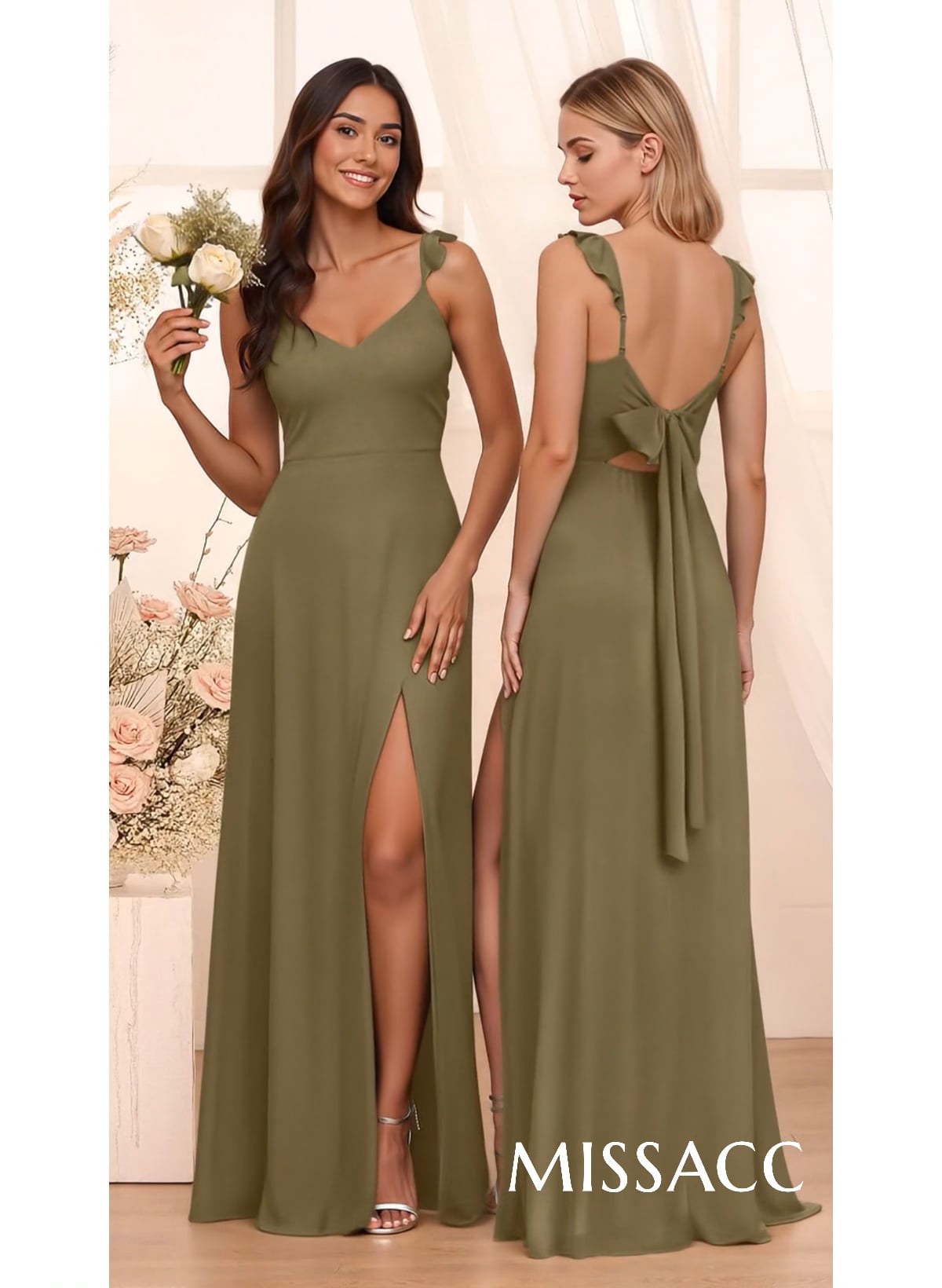Simple V-Neck A-Line Floor-Length Chiffon Bridesmaid Dresses With Bow(s)