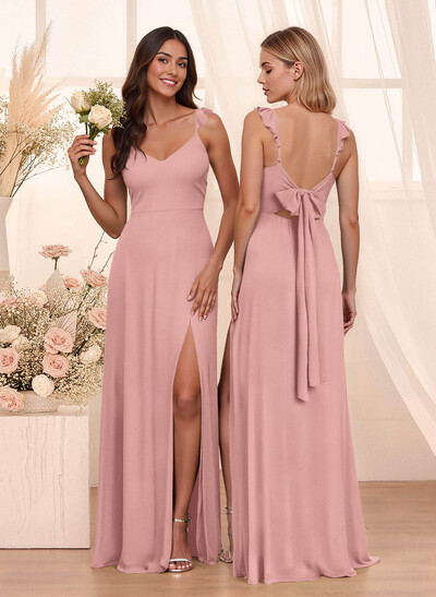 Simple V-Neck A-Line Floor-Length Chiffon Bridesmaid Dresses With Bow(s)