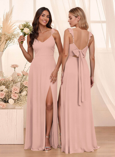 Simple V-Neck A-Line Floor-Length Chiffon Bridesmaid Dresses With Bow(s)