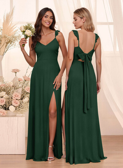 Simple V-Neck A-Line Floor-Length Chiffon Bridesmaid Dresses With Bow(s)