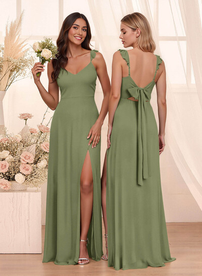 Simple V-Neck A-Line Floor-Length Chiffon Bridesmaid Dresses With Bow(s)