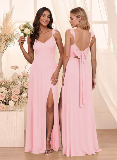 Simple V-Neck A-Line Floor-Length Chiffon Bridesmaid Dresses With Bow(s)