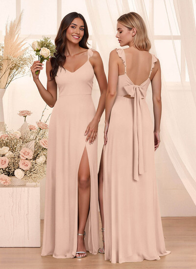 Simple V-Neck A-Line Floor-Length Chiffon Bridesmaid Dresses With Bow(s)