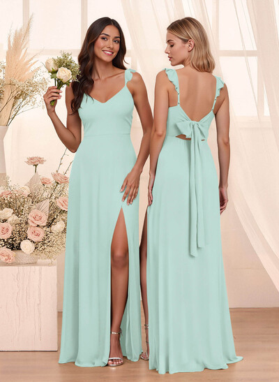 Simple V-Neck A-Line Floor-Length Chiffon Bridesmaid Dresses With Bow(s)