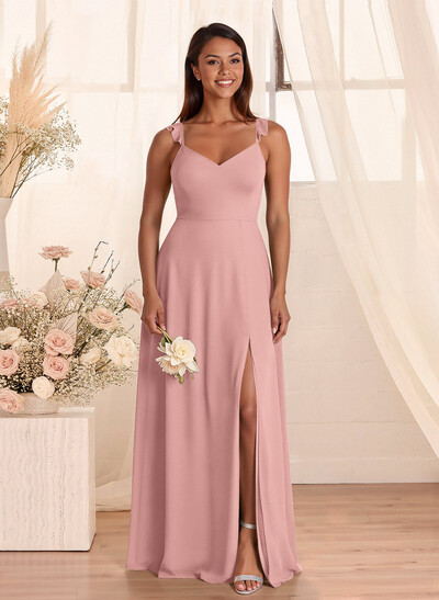 Simple V-Neck A-Line Floor-Length Chiffon Bridesmaid Dresses With Bow(s)
