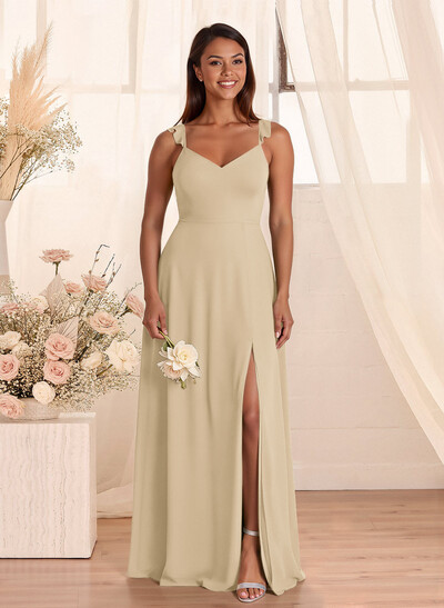 Simple V-Neck A-Line Floor-Length Chiffon Bridesmaid Dresses With Bow(s)
