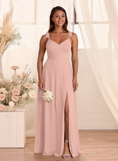 Simple V-Neck A-Line Floor-Length Chiffon Bridesmaid Dresses With Bow(s)