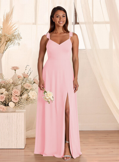 Simple V-Neck A-Line Floor-Length Chiffon Bridesmaid Dresses With Bow(s)